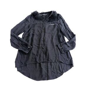 Zara Black Button Down Faux Feather Collar Leather Trim Top SZM